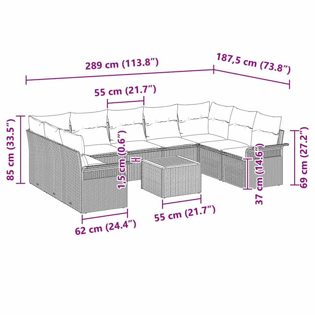 Gartensofa-set mit Kissen 10 pcs Beige Poly-Rattan