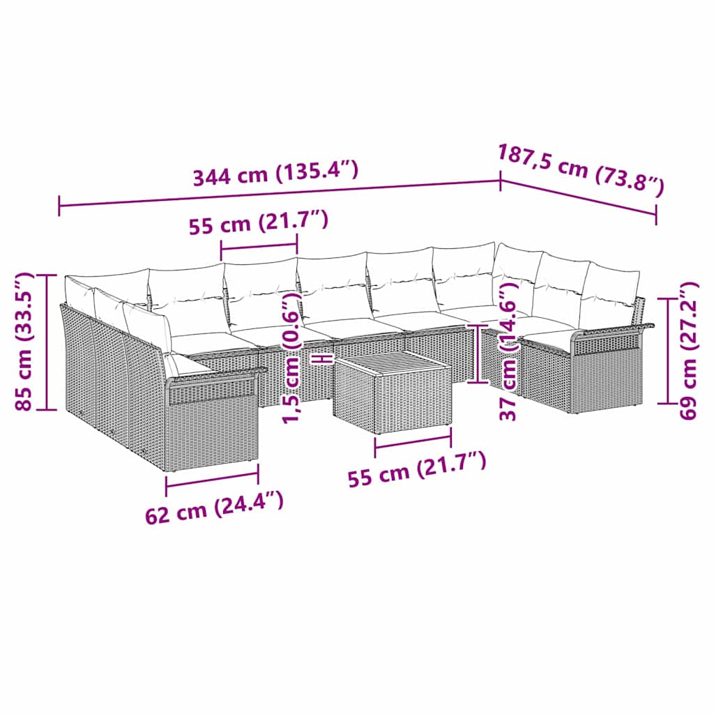 Gartensofa-set mit Kissen 11 pcs Beige Poly-Rattan