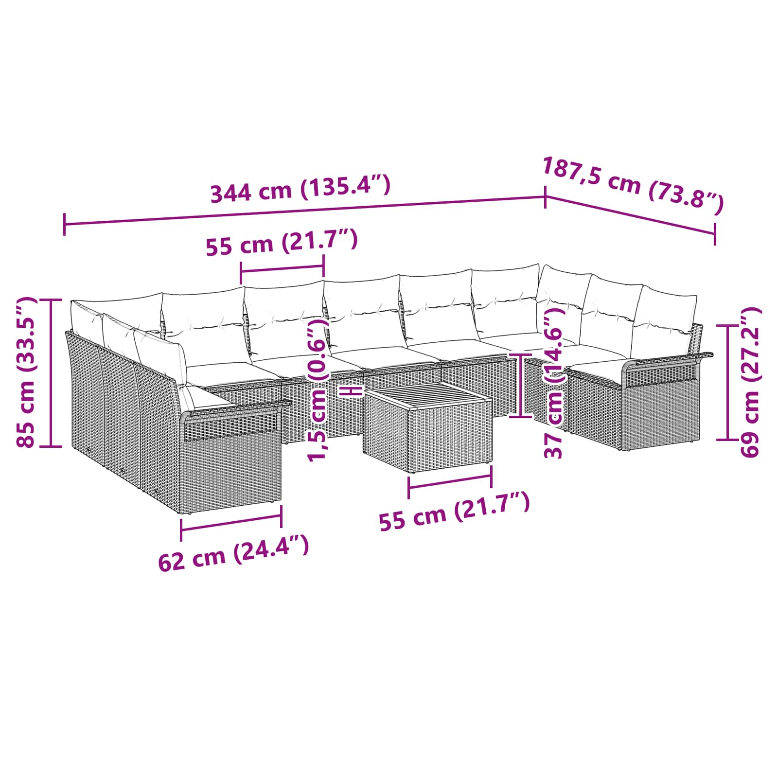 Gartensofa-set mit Kissen 11 pcs Schwarz Poly-Rattan