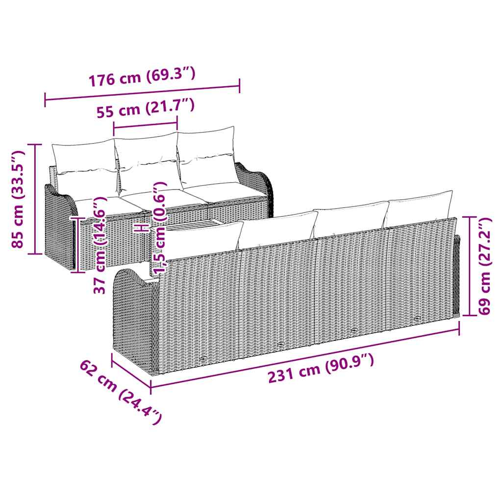 Gartensofa-set mit Kissen 8 pcs Grau Poly-Rattan