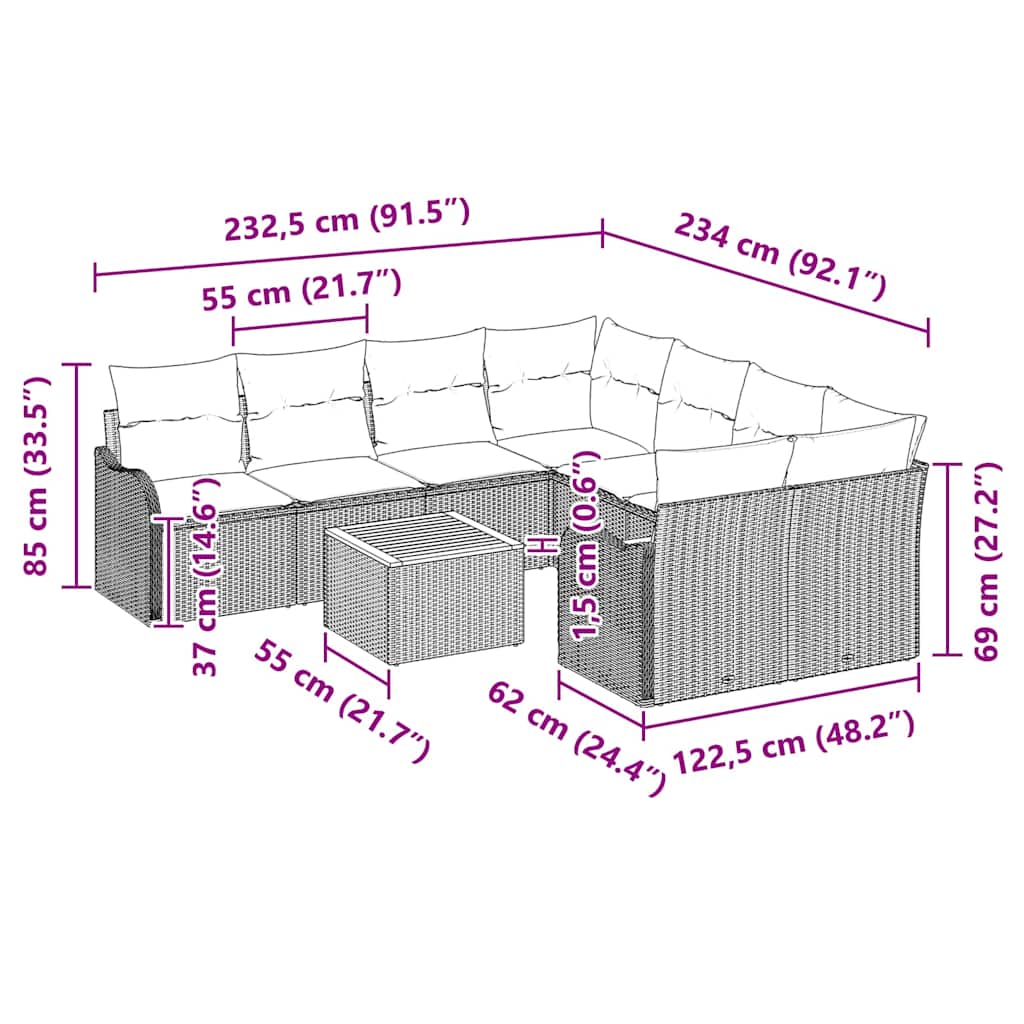 Gartensofa-set mit Kissen 9 pcs Beige Poly-Rattan
