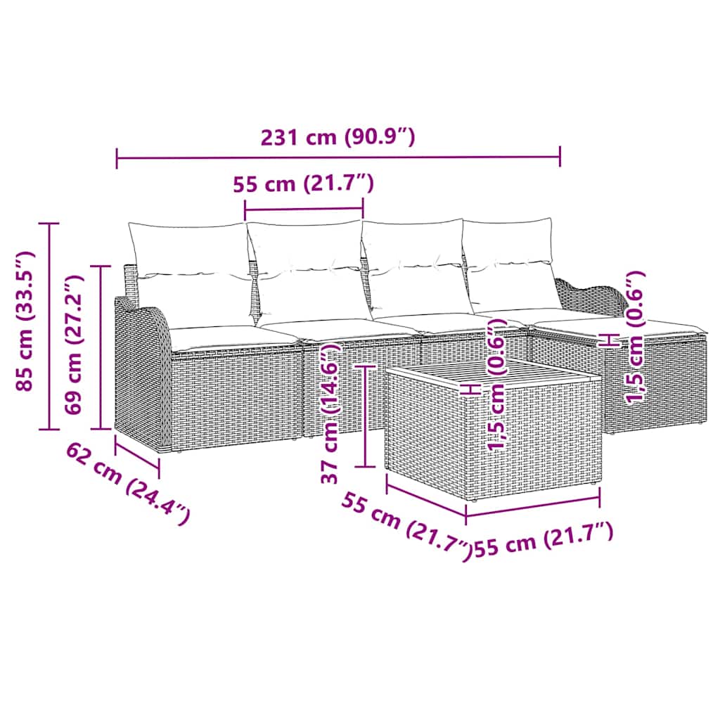 Gartensofa-set mit Kissen 6 pcs Beige Poly-Rattan