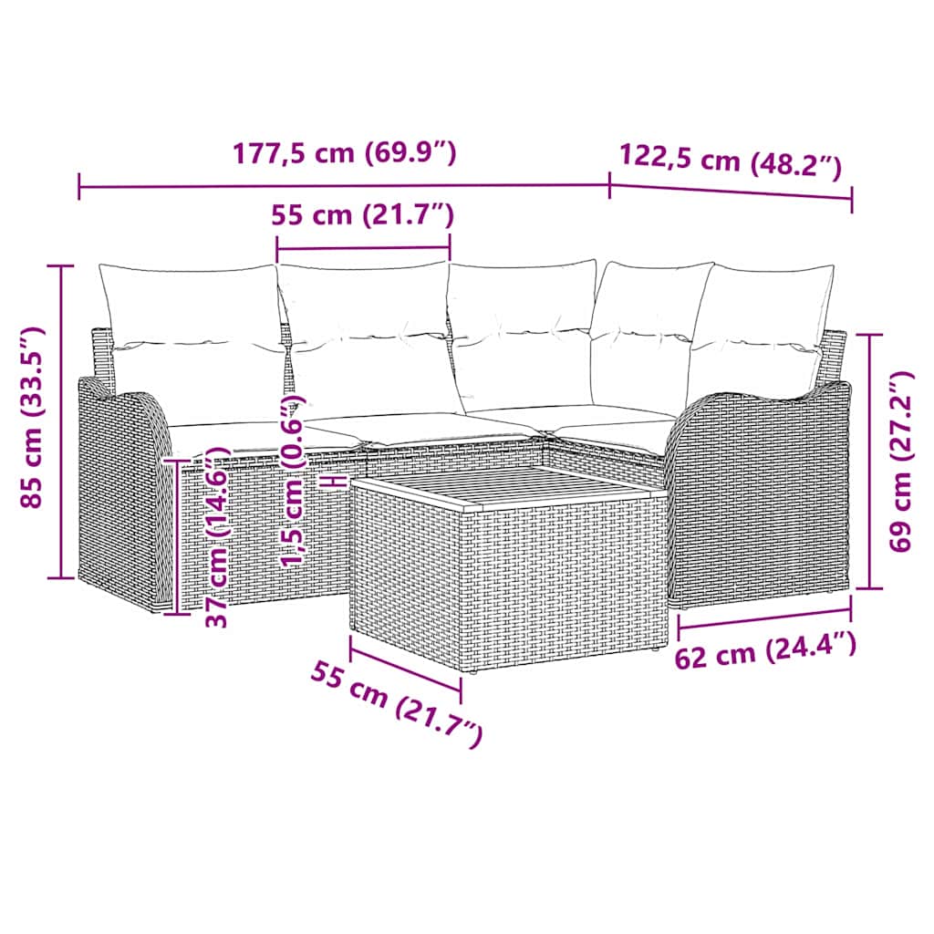 Gartensofa-set mit Kissen 5 pcs Schwarz Poly-Rattan