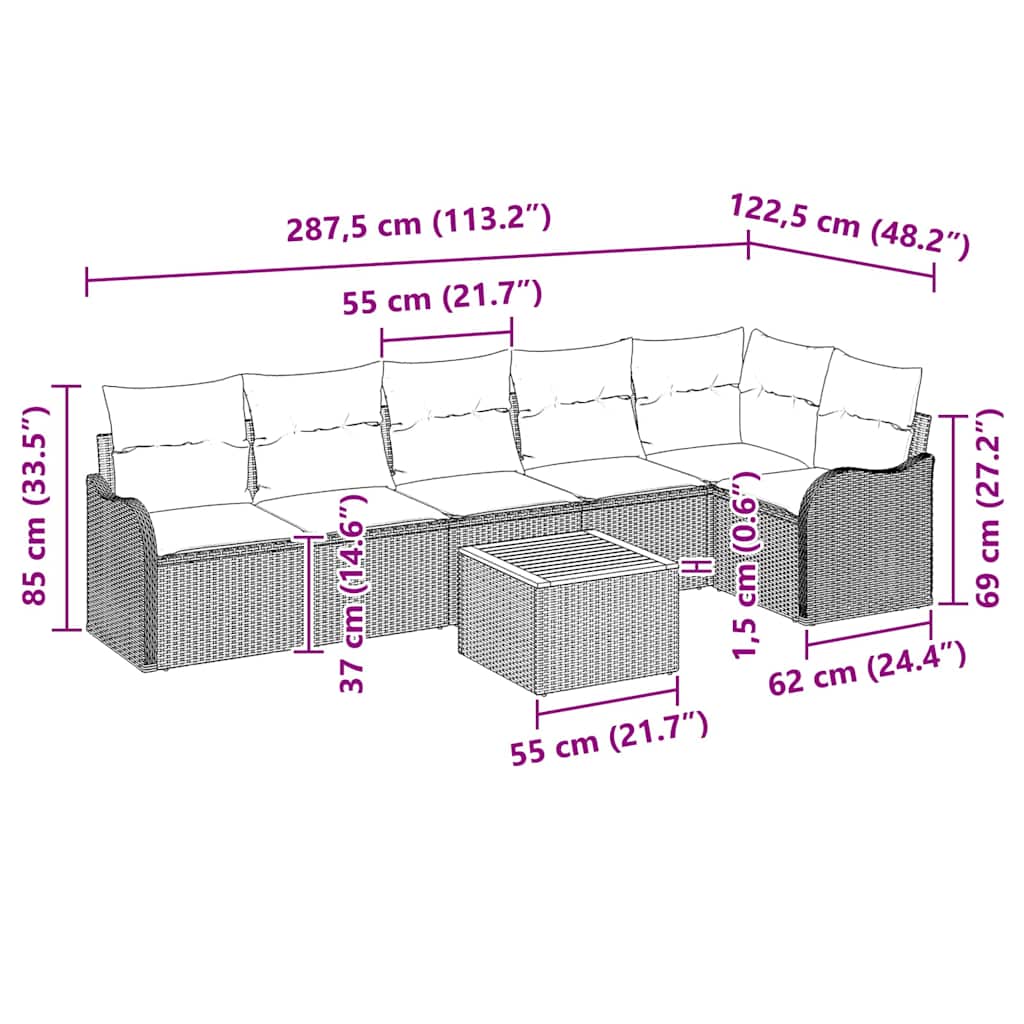 Gartensofa-set mit Kissen 7 pcs Grau Poly-Rattan