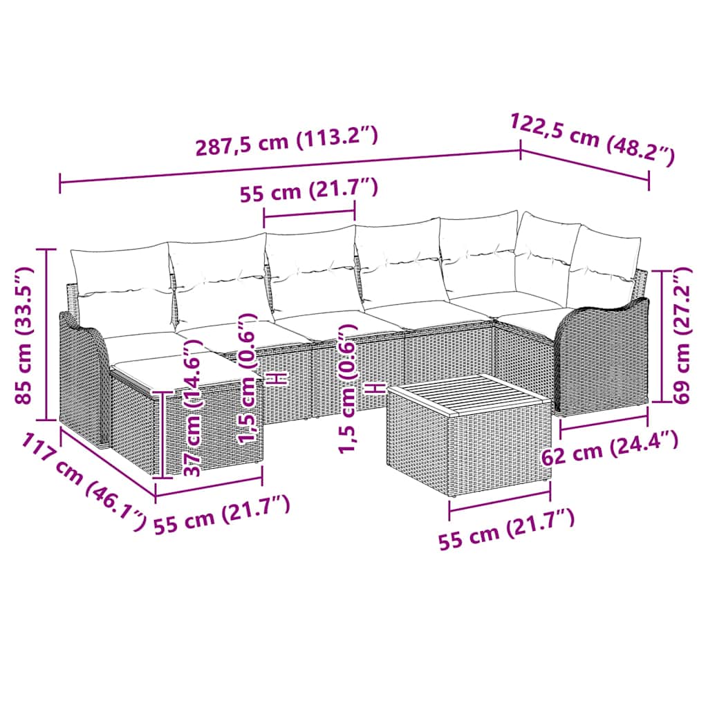 Gartensofa-set mit Kissen 8 pcs Grau Poly-Rattan