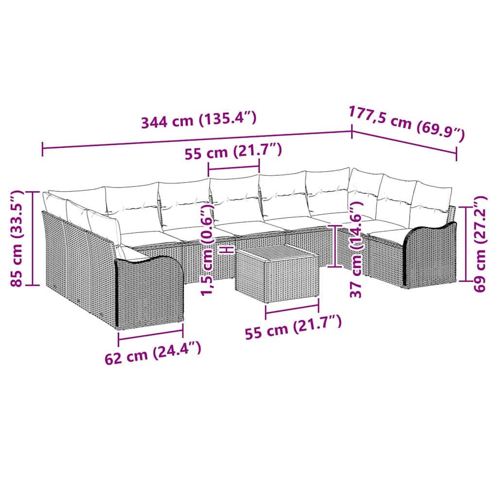 Gartensofa-set mit Kissen 11 pcs Grau Poly-Rattan