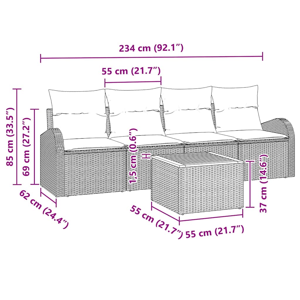 Gartensofa-set mit Kissen 5 pcs Grau Poly-Rattan