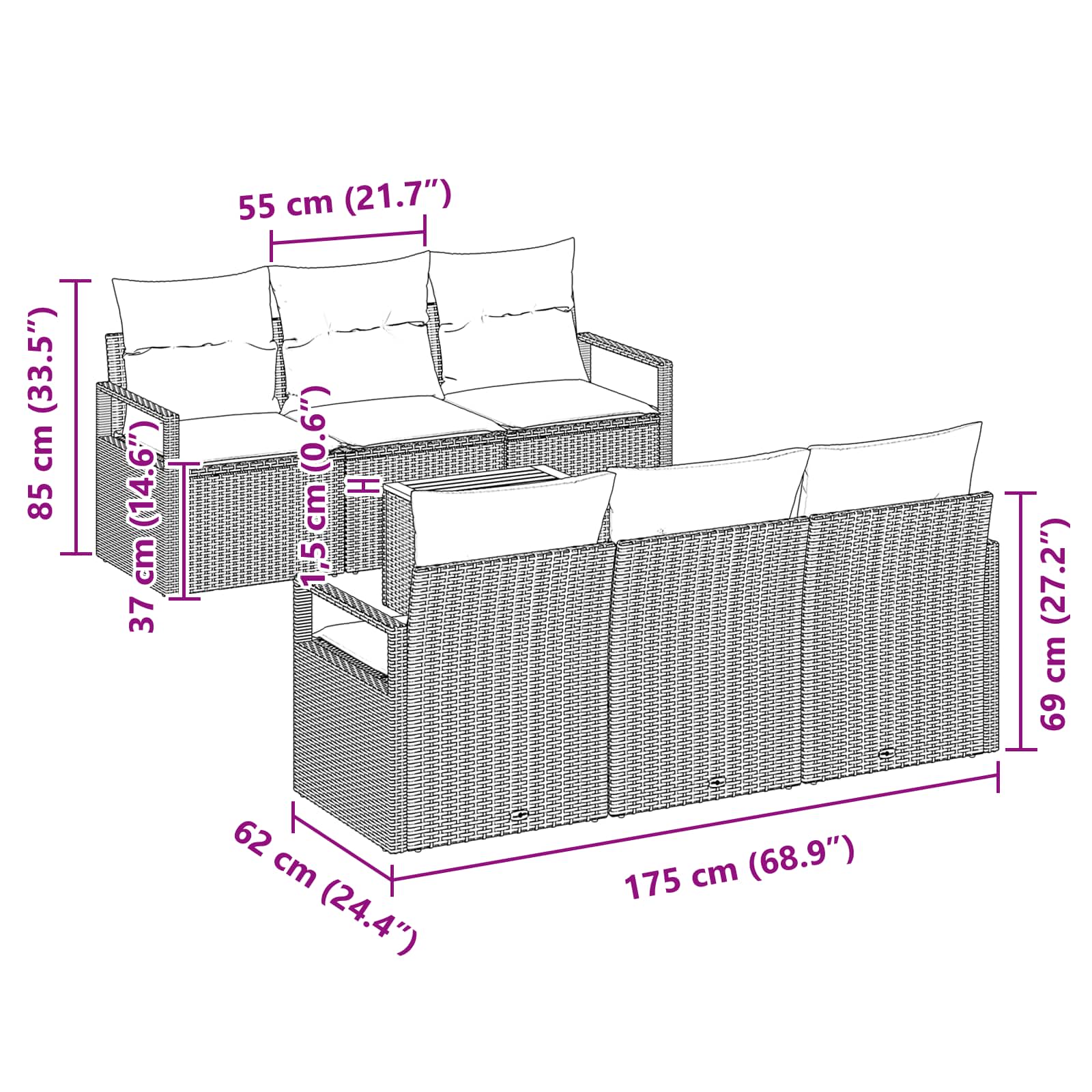 Gartensofa-set mit Kissen 7 pcs Grau Poly-Rattan