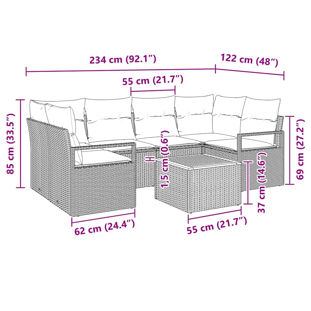 Gartensofa-set mit Kissen 7 pcs Grau Poly-Rattan