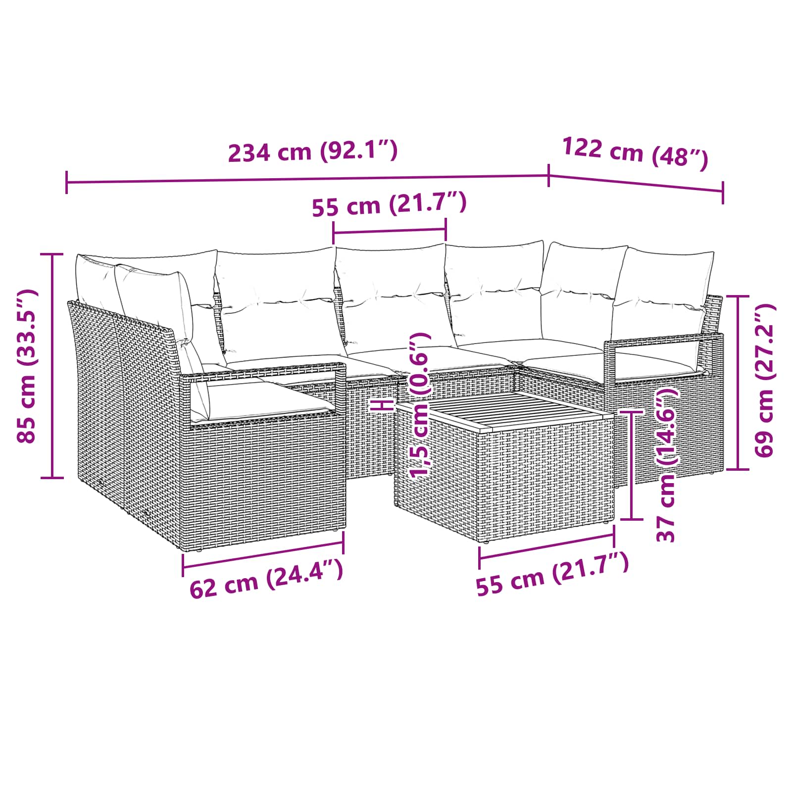 Gartensofa-set mit Kissen 7 pcs Grau Poly-Rattan