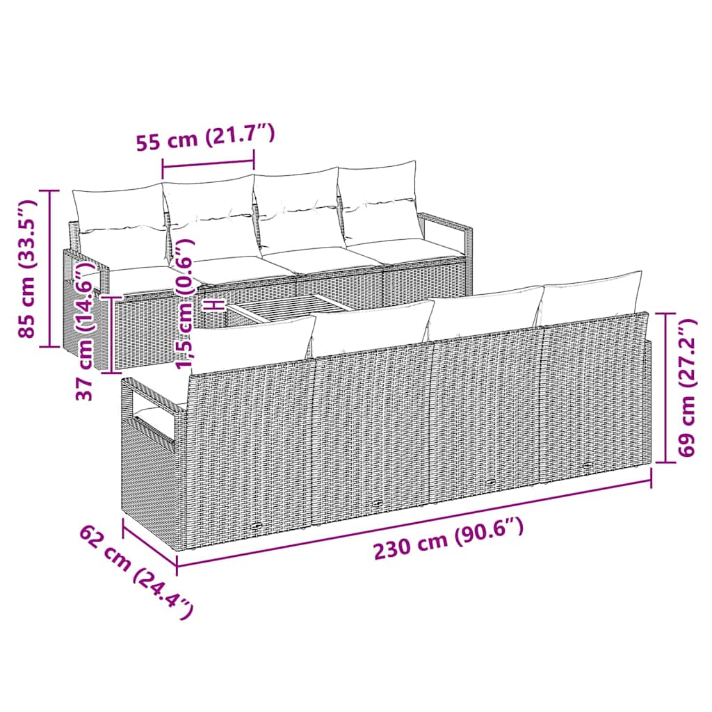 Gartensofa-set mit Kissen 9 pcs Beige Poly-Rattan