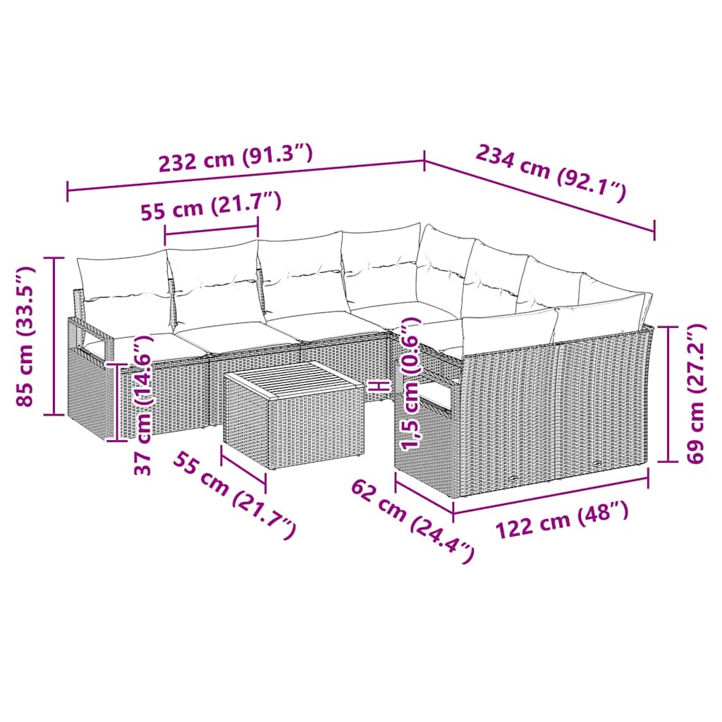 Gartensofa-set mit Kissen 9 pcs Grau Poly-Rattan
