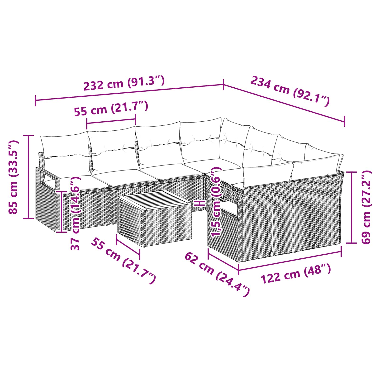 Gartensofa-set mit Kissen 9 pcs Grau Poly-Rattan