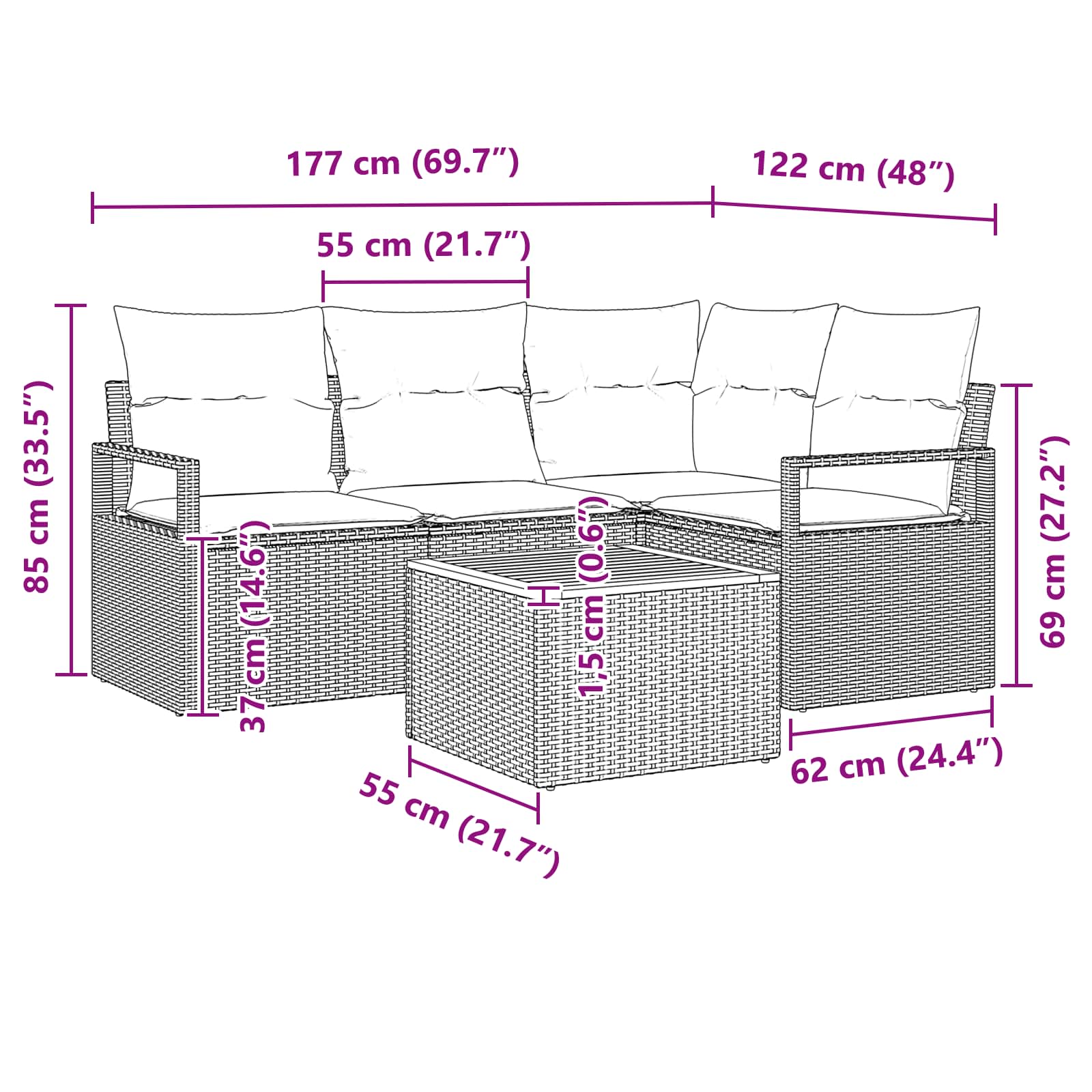 Gartensofa-set mit Kissen 5 pcs Schwarz Poly-Rattan