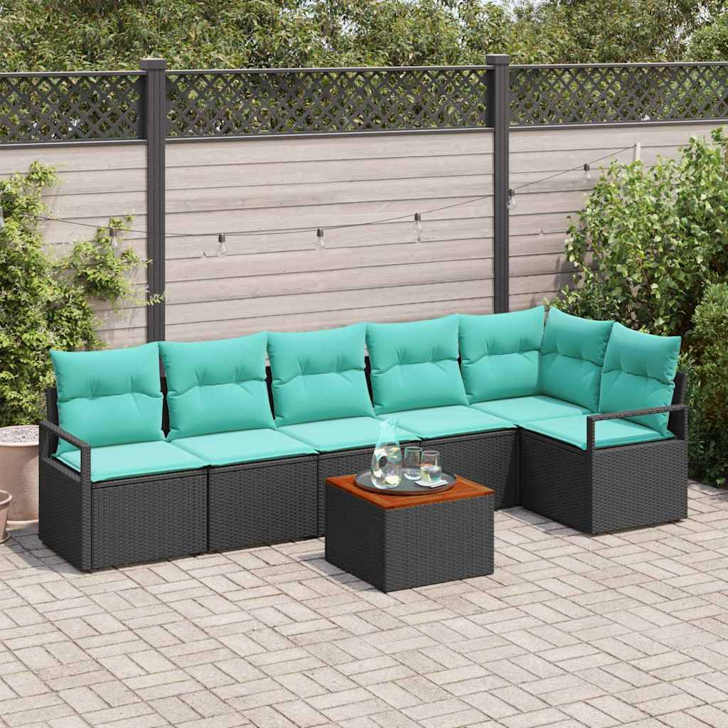 Gartensofa-set mit Kissen 7 pcs Schwarz Poly-Rattan