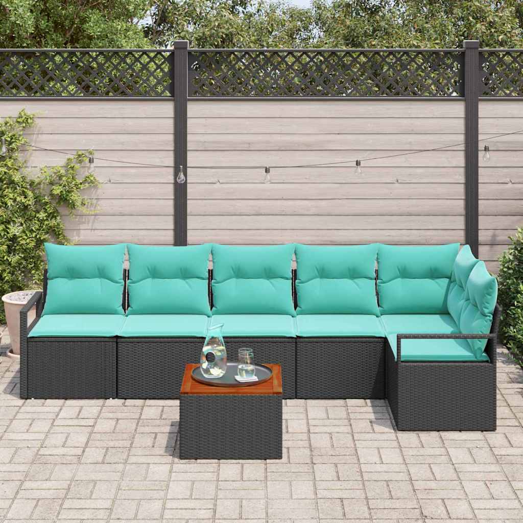 Gartensofa-set mit Kissen 7 pcs Schwarz Poly-Rattan