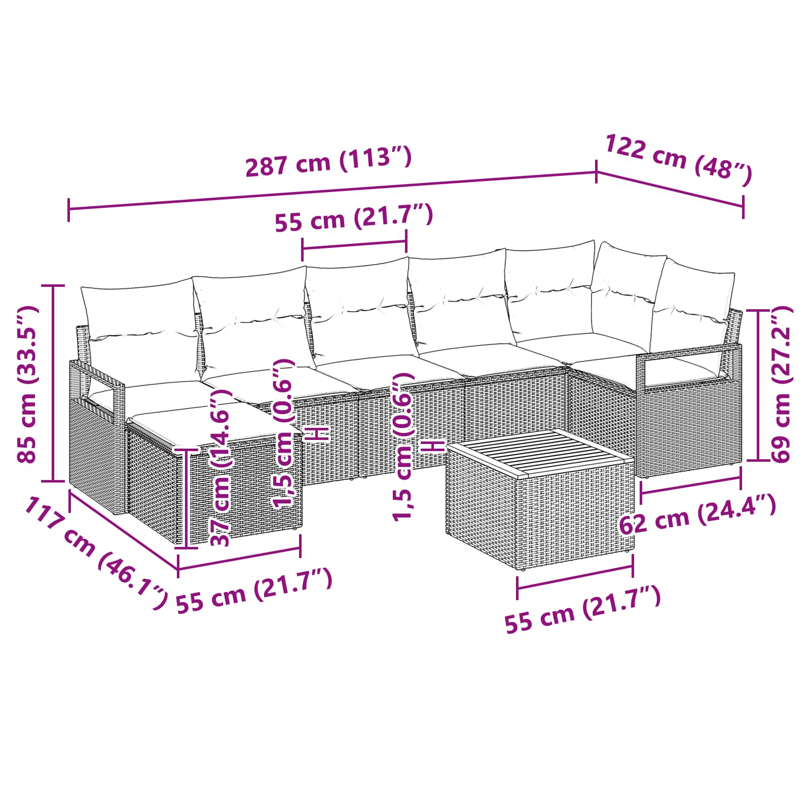 Gartensofa-set mit Kissen 8 pcs Grau Poly-Rattan