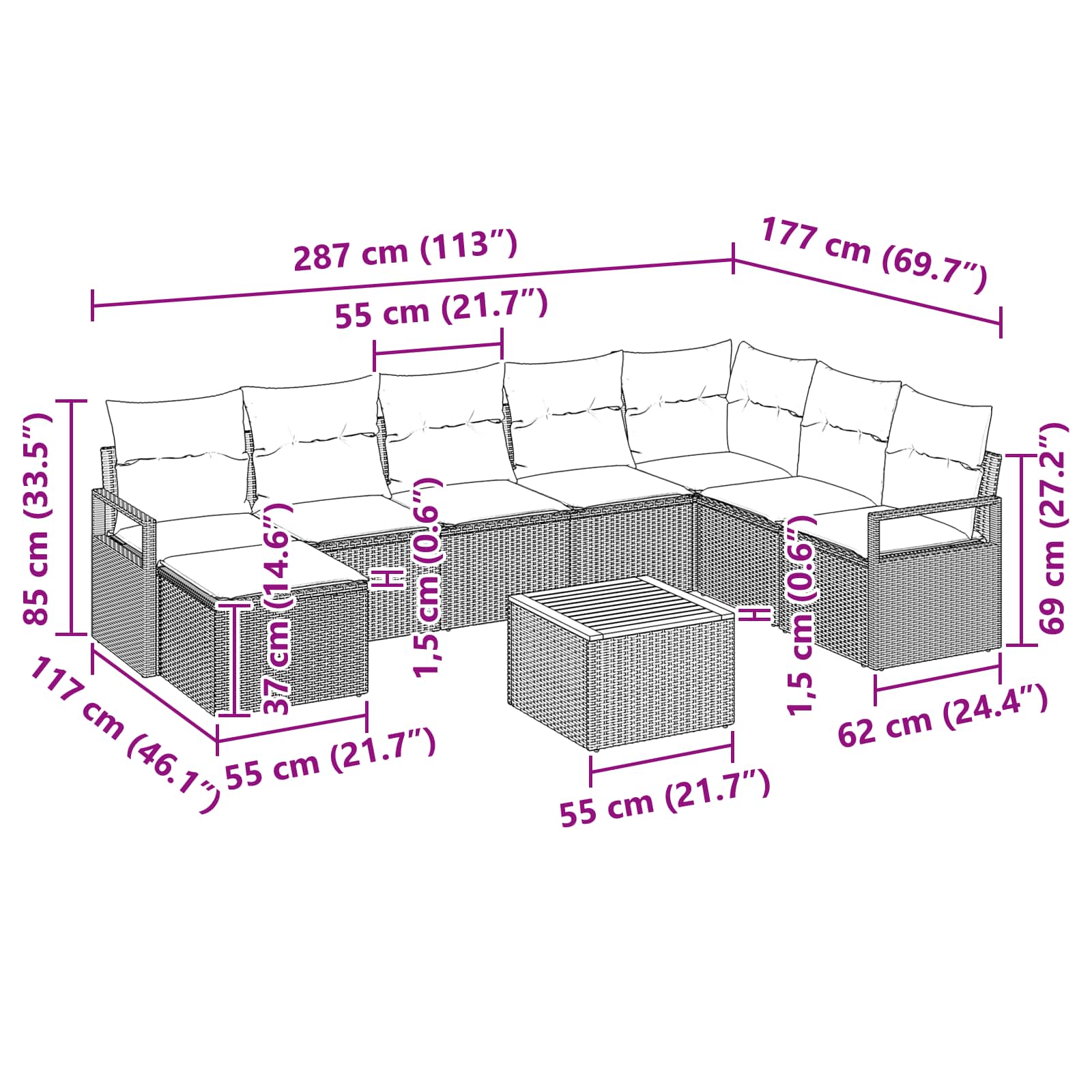 Gartensofa-set mit Kissen 9 pcs Grau Poly-Rattan