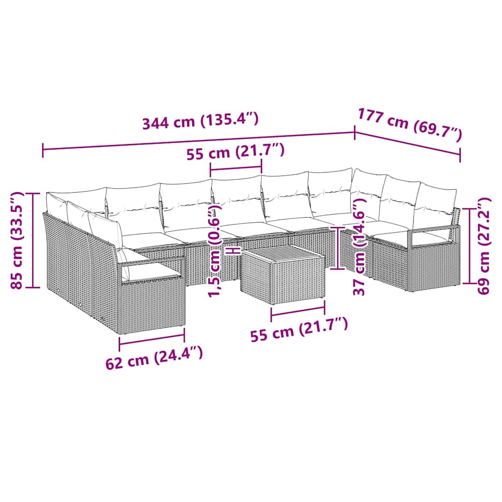 Gartensofa-set mit Kissen 11 pcs Beige Poly-Rattan