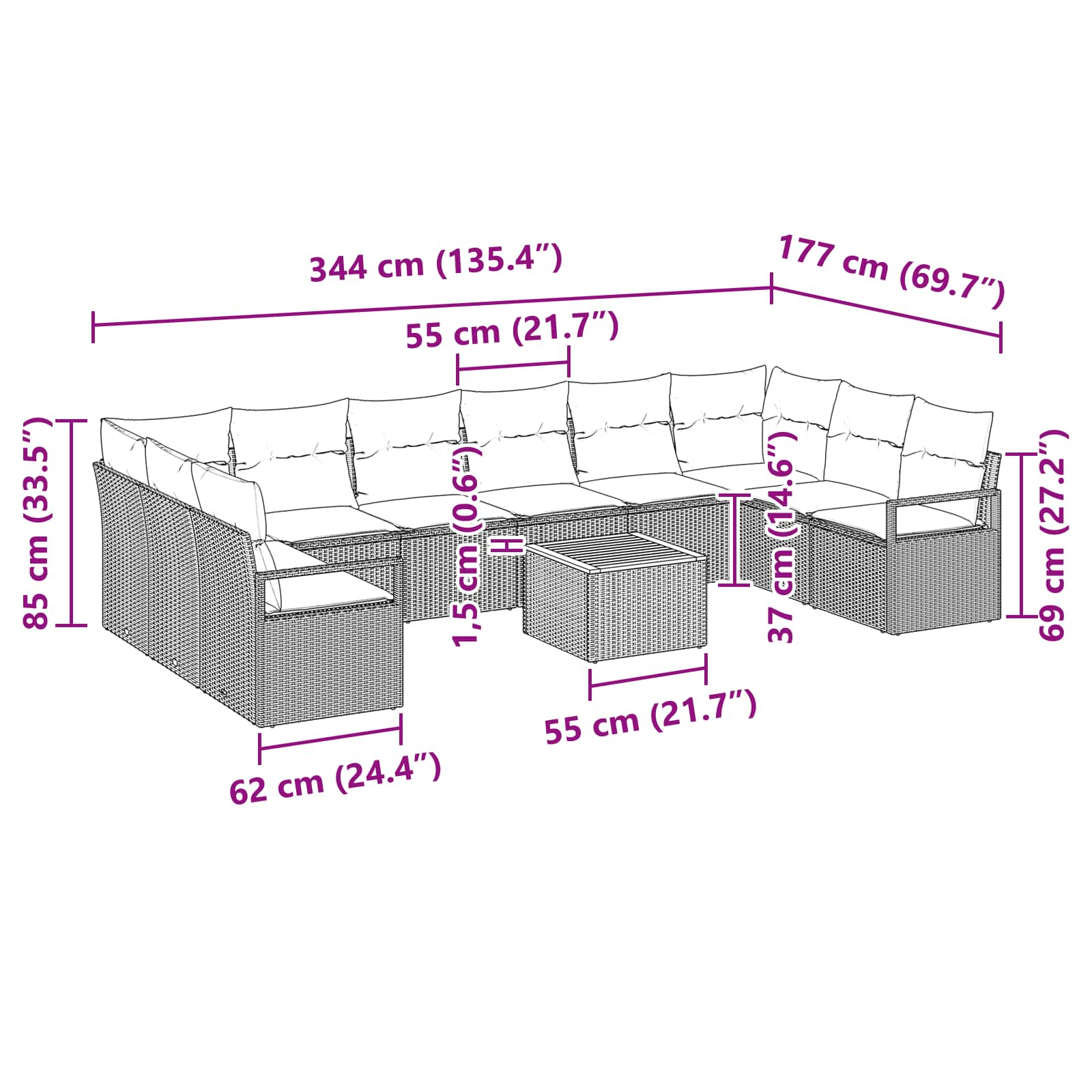 Gartensofa-set mit Kissen 11 pcs Grau Poly-Rattan