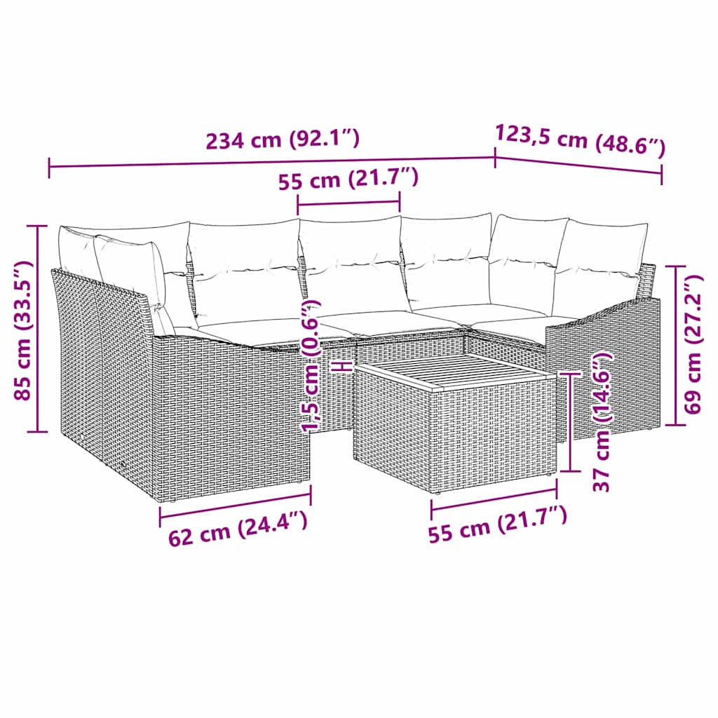 Gartensofa-set mit Kissen 7 pcs Schwarz Poly-Rattan