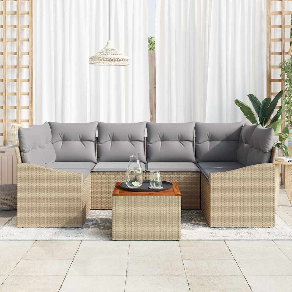 Gartensofa-set mit Kissen 7 pcs Beige Poly-Rattan