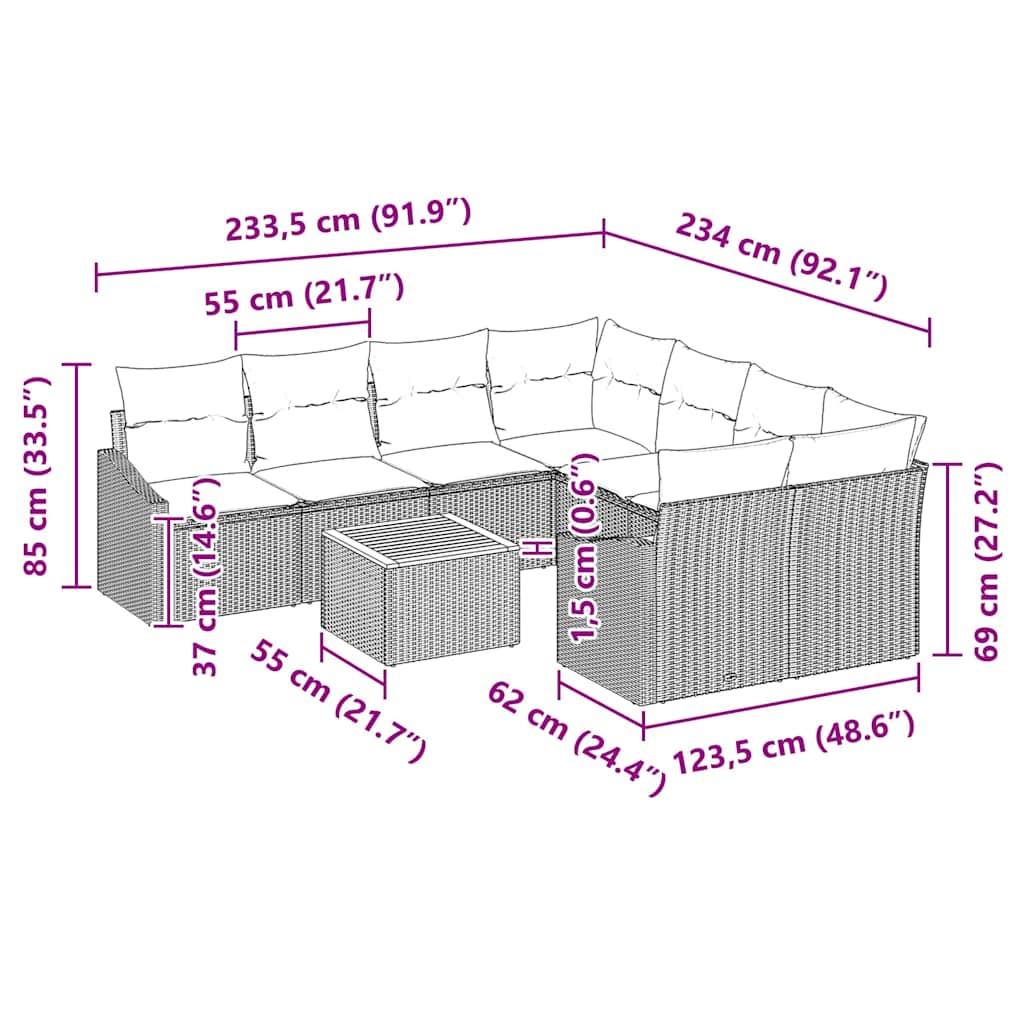 Gartensofa-set mit Kissen 9 pcs Beige Poly-Rattan