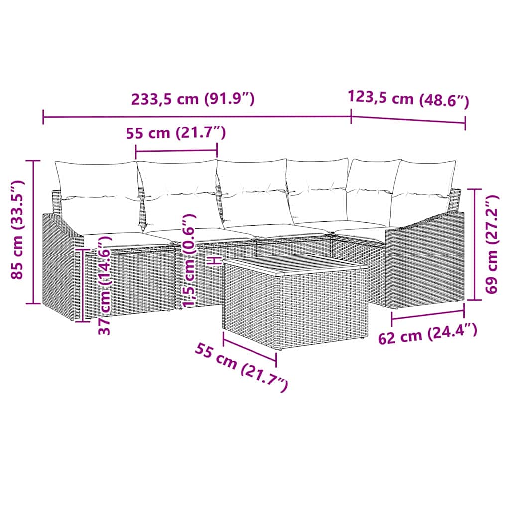 Gartensofa-set mit Kissen 6 pcs Grau Poly-Rattan