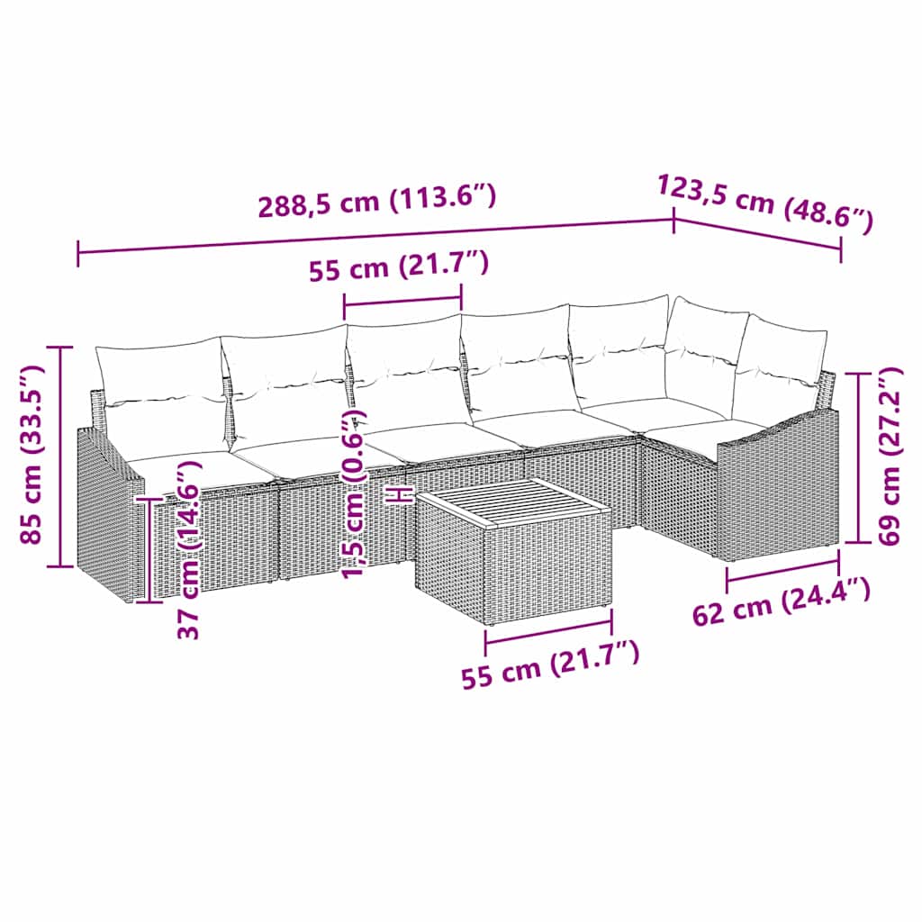 Gartensofa-set mit Kissen 7 pcs Beige Poly-Rattan