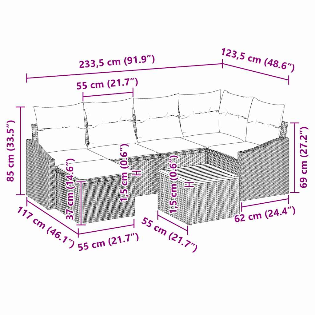Gartensofa-set mit Kissen 7 pcs Schwarz Poly-Rattan
