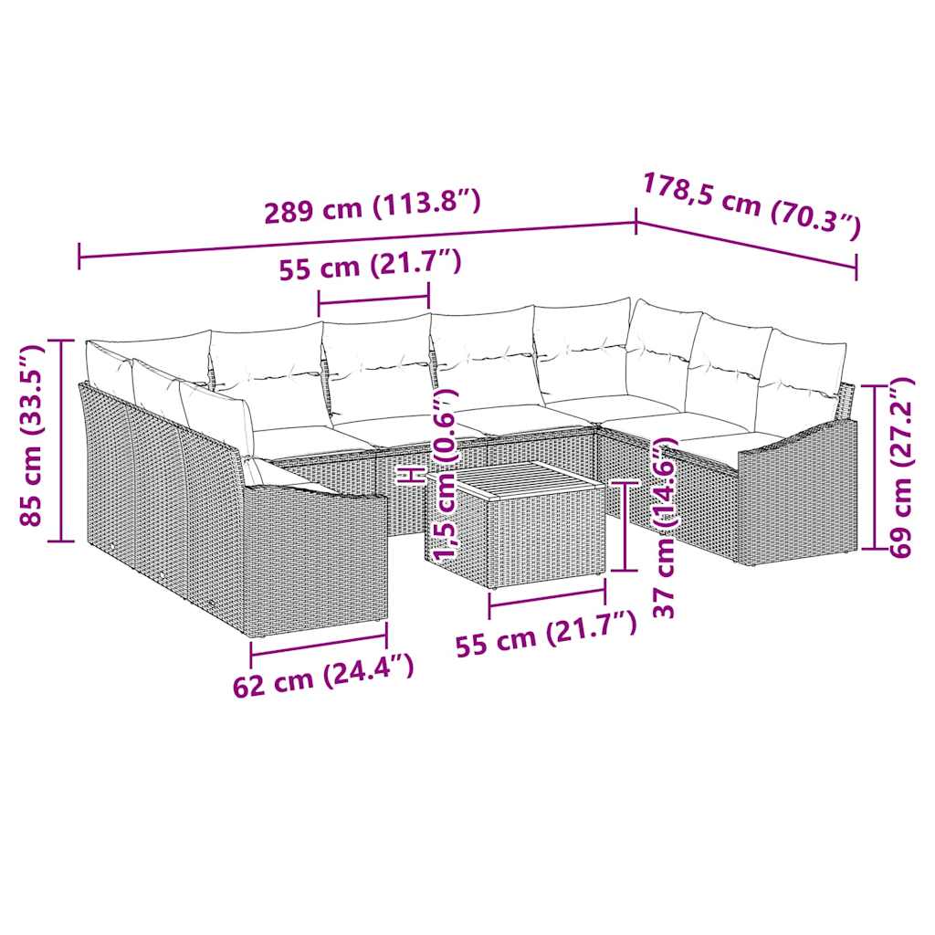 Gartensofa-set mit Kissen 10 pcs Grau Poly-Rattan