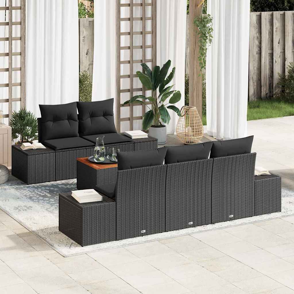 Gartensofa-set mit Kissen 6 pcs Schwarz Poly-Rattan