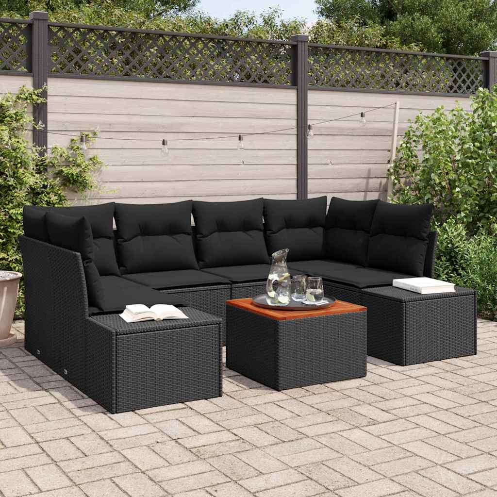 Gartensofa-set mit Kissen 7 pcs Schwarz Poly-Rattan
