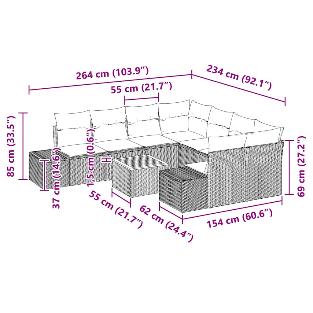 Gartensofa-set mit Kissen 9 pcs Grau Poly-Rattan