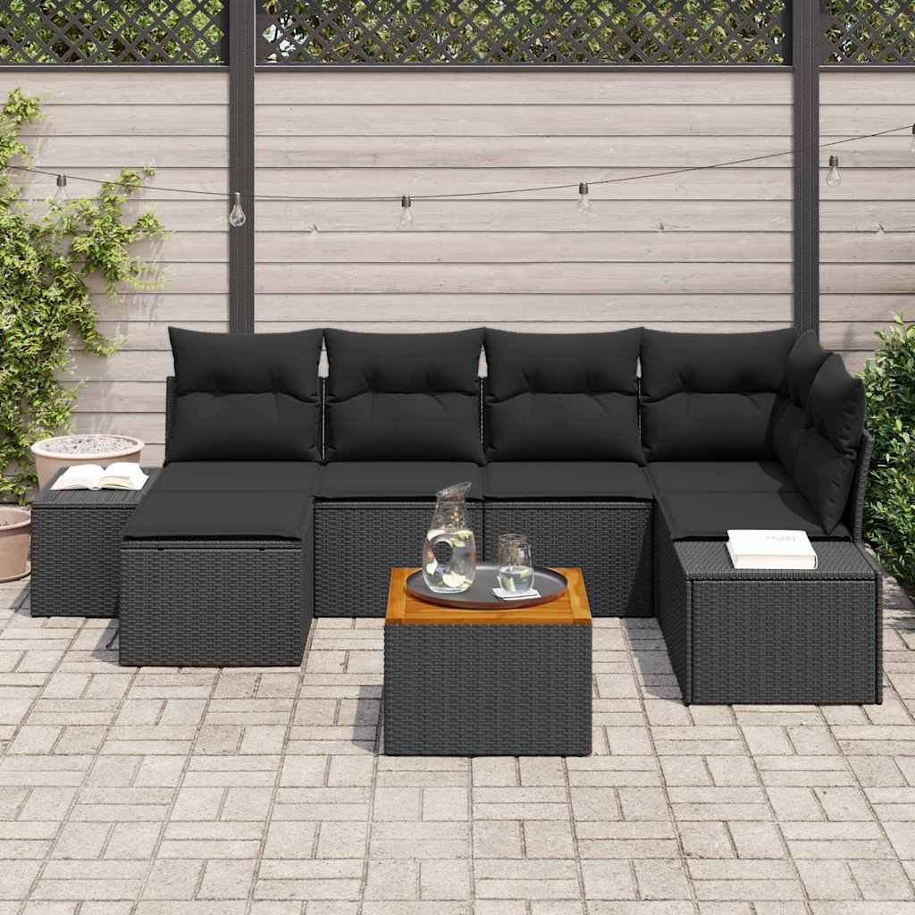 Gartensofa-set mit Kissen 7 pcs Schwarz Poly-Rattan