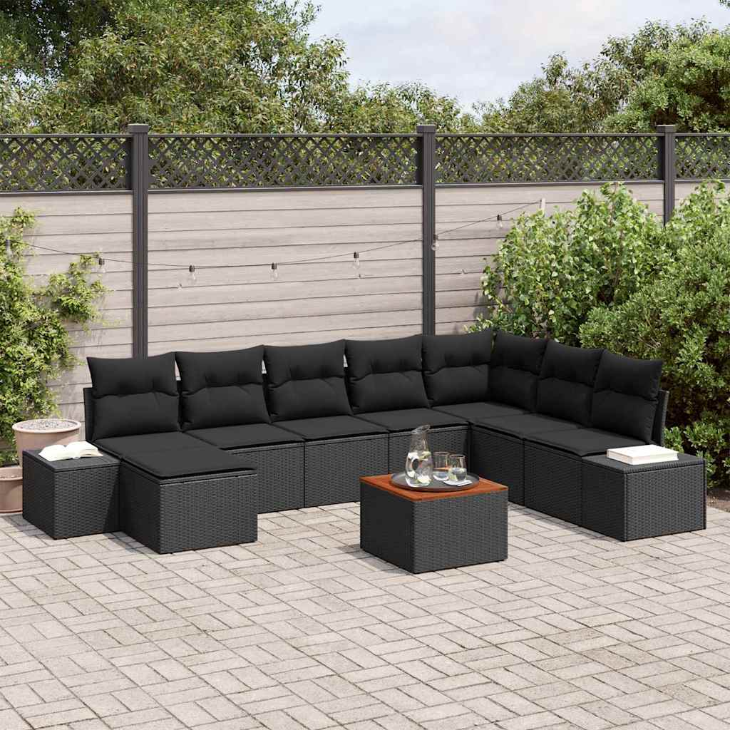 Gartensofa-set mit Kissen 9 pcs Schwarz Poly-Rattan