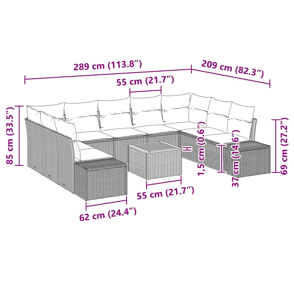 Gartensofa-set mit Kissen 10 pcs Grau Poly-Rattan