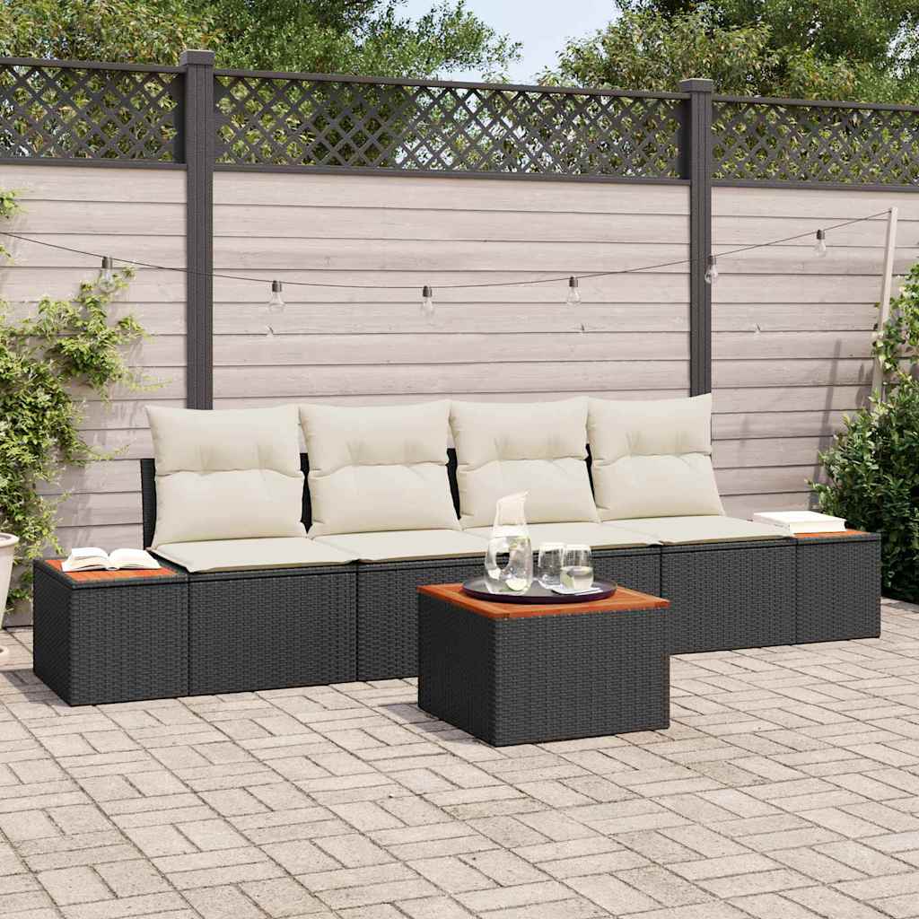 Gartensofa-set mit Kissen 5 pcs Schwarz Poly Rattan