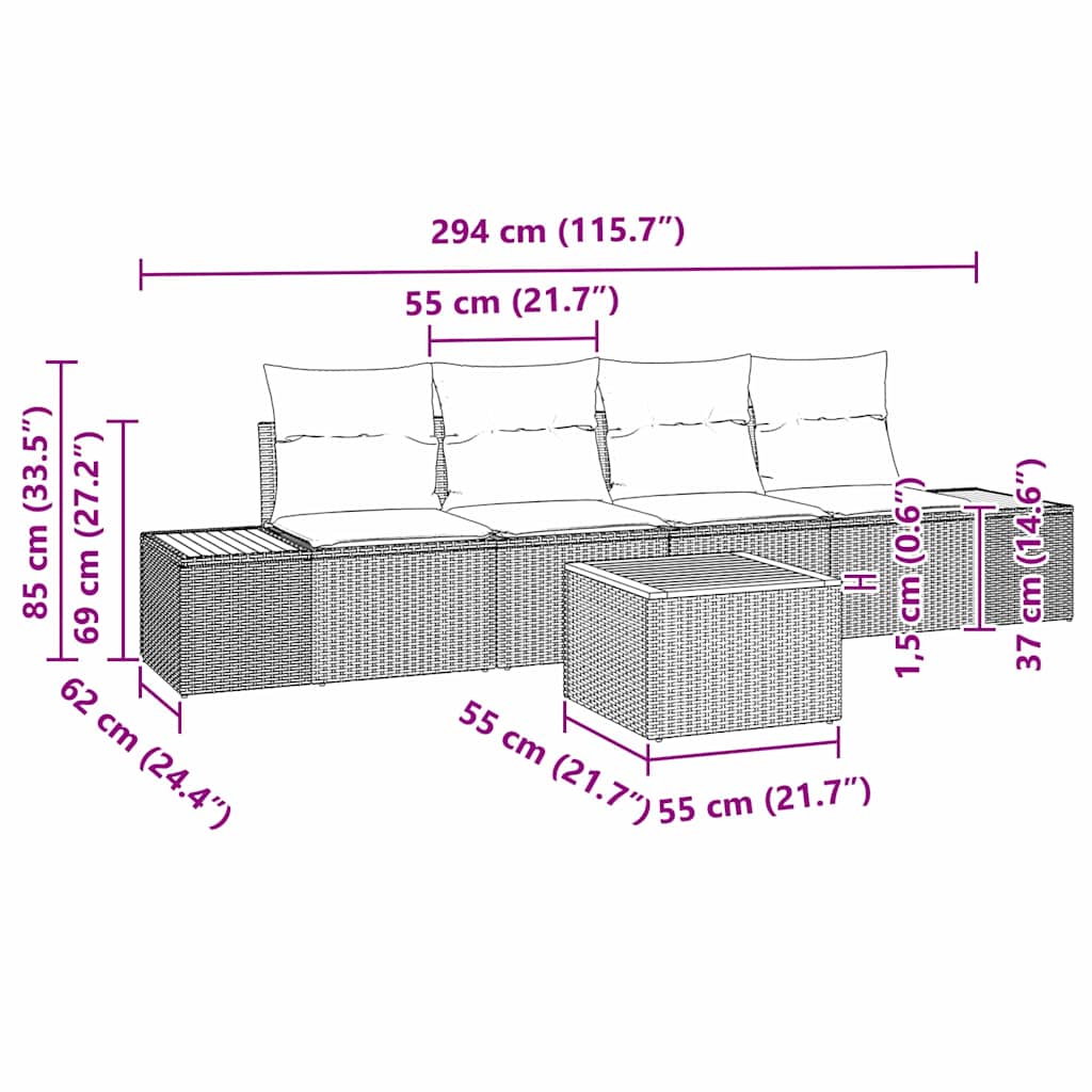 Gartensofa-set mit Kissen 5 pcs Grau Poly Rattan