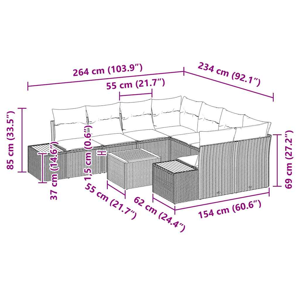Gartensofa-set mit Kissen 9 pcs Grau Poly Rattan