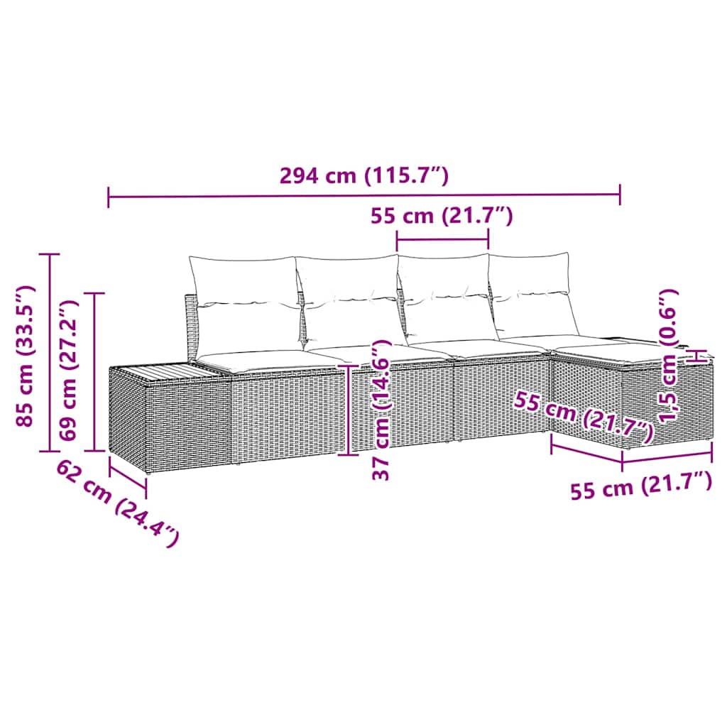 Gartensofa-set mit Kissen 5 pcs Schwarz Poly Rattan
