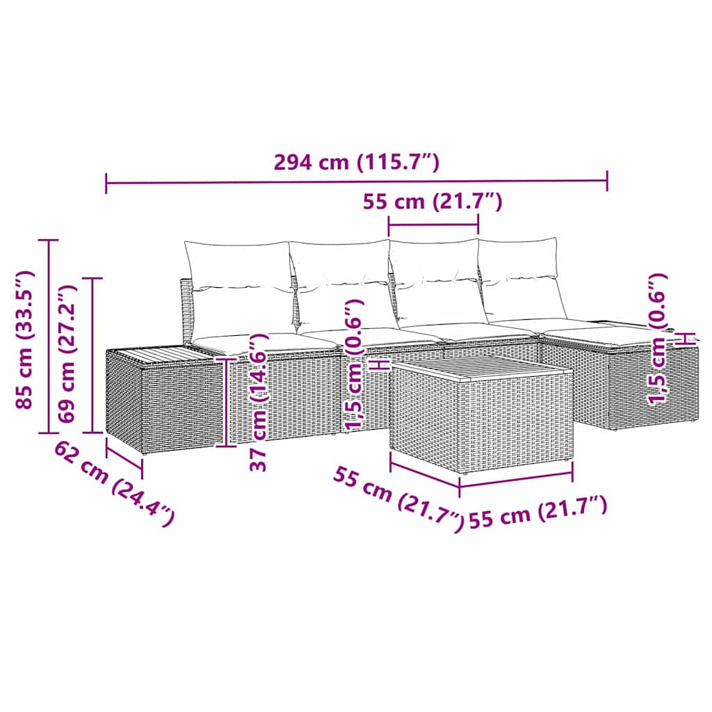 Gartensofa-set mit Kissen 6 pcs Beige Poly Rattan