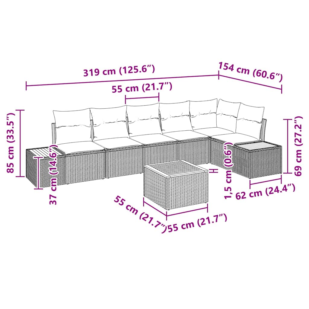 Gartensofa-set mit Kissen 7 pcs Beige Poly Rattan