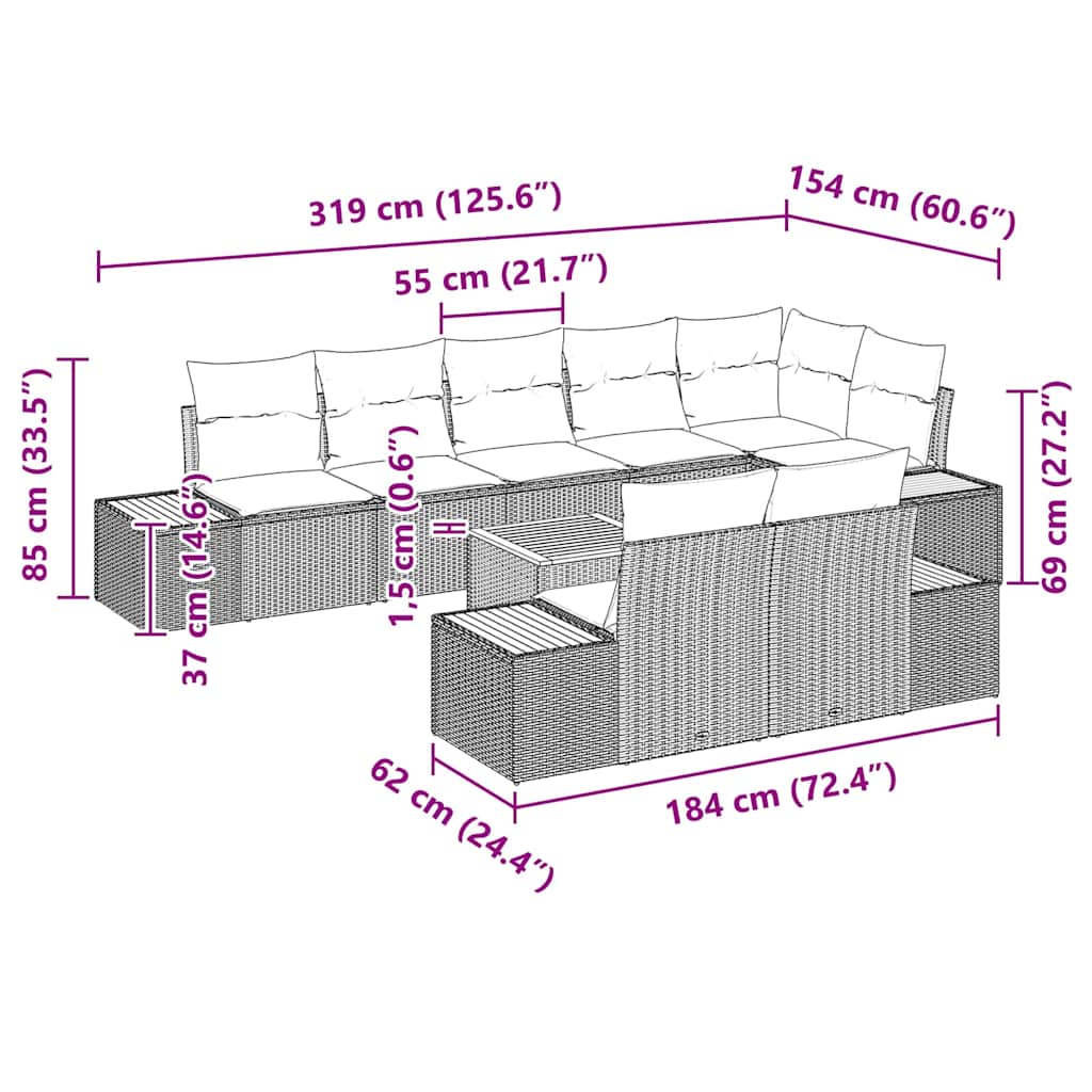 Gartensofa-set mit Kissen 9 pcs Beige Poly Rattan