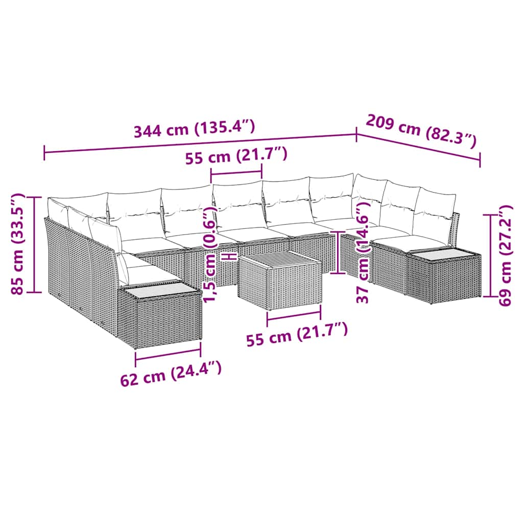 Gartensofa-set mit Kissen 11 pcs Beige Poly Rattan