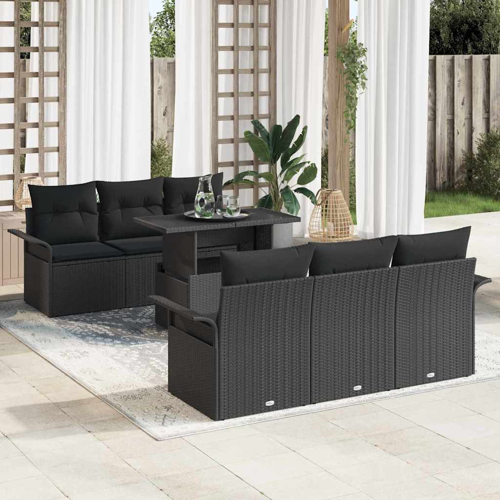 Gartensofa-set mit Kissen 7 pcs Schwarz Poly-Rattan