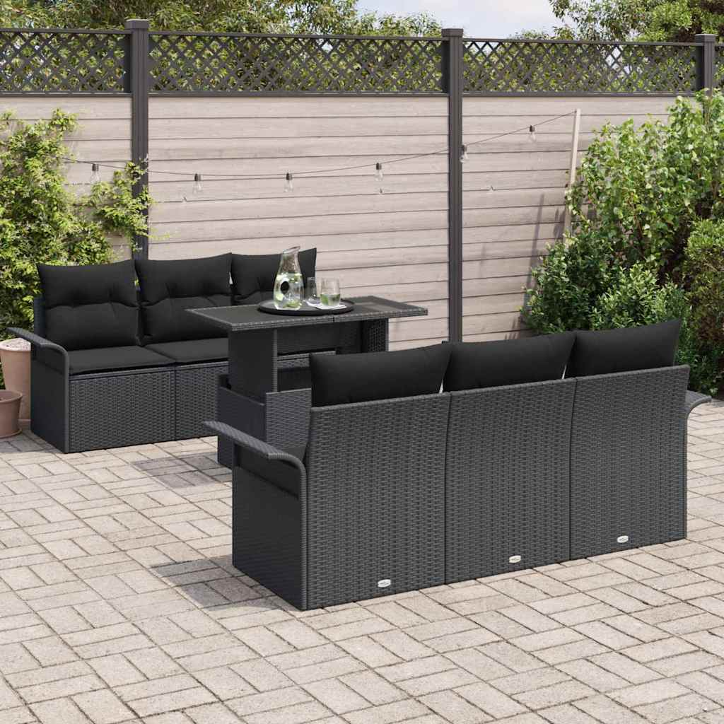 Gartensofa-set mit Kissen 7 pcs Schwarz Poly-Rattan