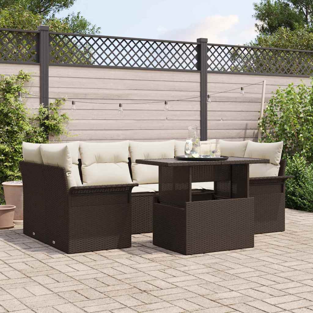 Garten-Sofa-Set mit Kissen 7 pcs Braun Poly-Rattan
