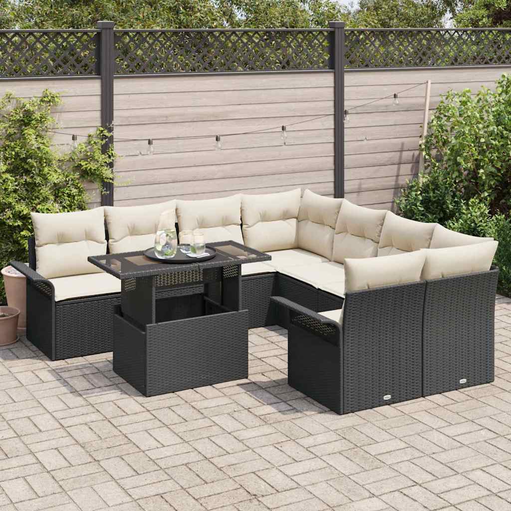 Garten-Sofa-Set mit Kissen 9 pcs Schwarz Poly Rattan