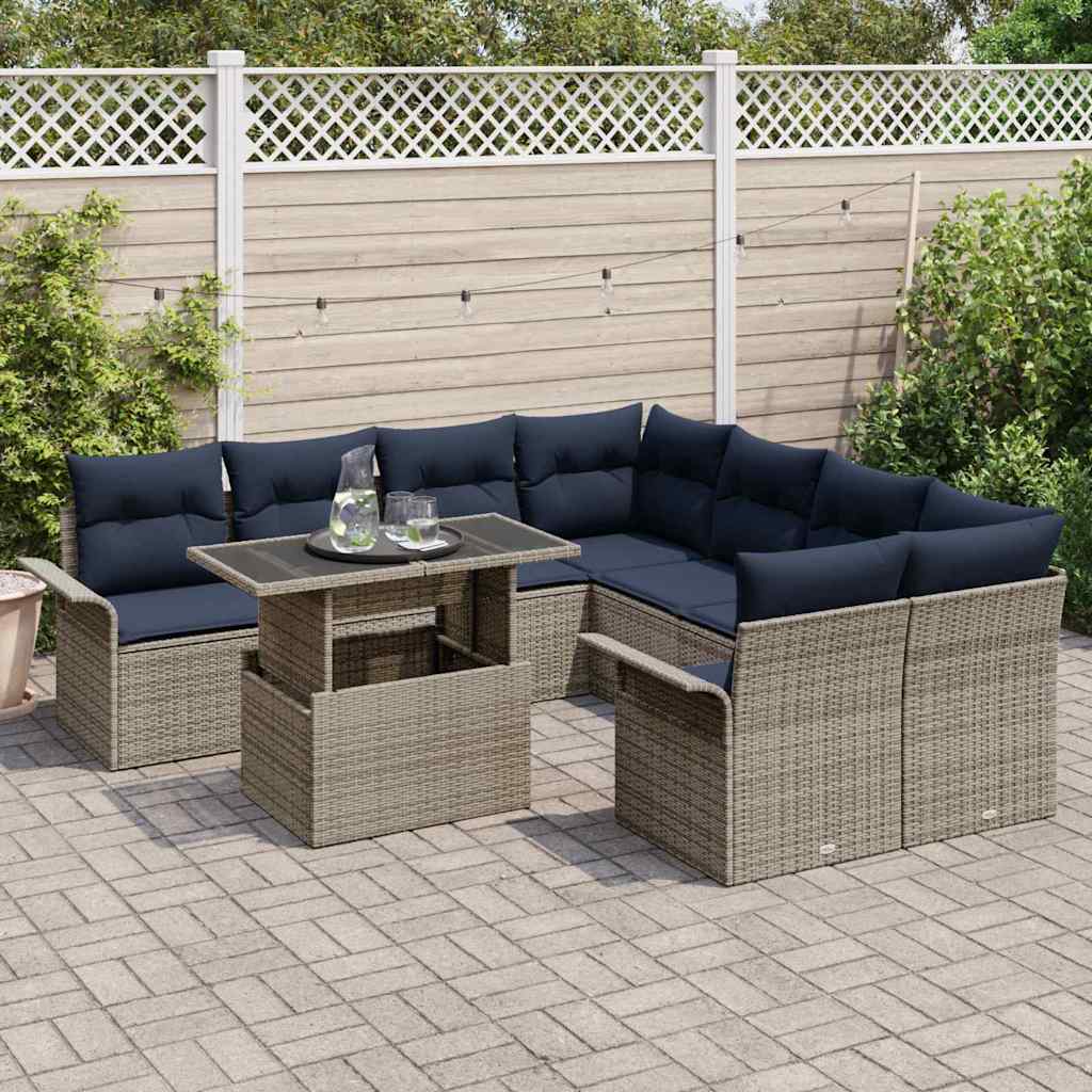 Garten-Sofa-Set mit Kissen 9 pcs Grau Poly Rattan